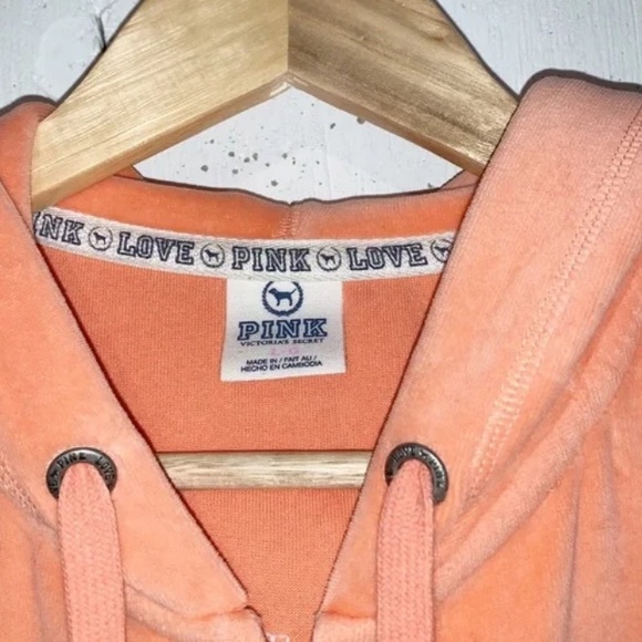 Love Pink Gold Sequin Text Back Victoria’s Secret Orange Velour Hoodie Size L - Picture 6 of 6
